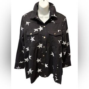Miss Sparkling Boutique Black Star Denim Western Costal Grandma Pleated Top Sz M